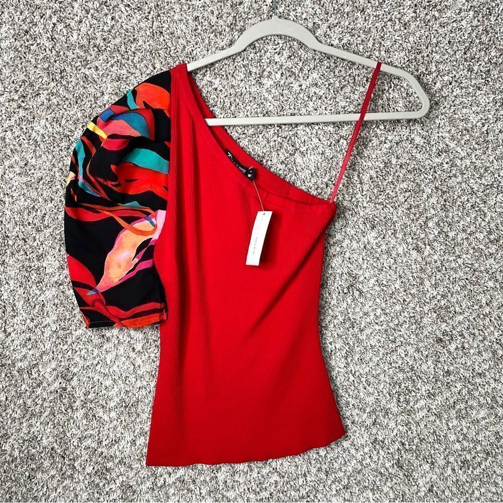 New York & Company Top Women's Medium Red Ribbed Stretch One Shoulder Blouse NWT